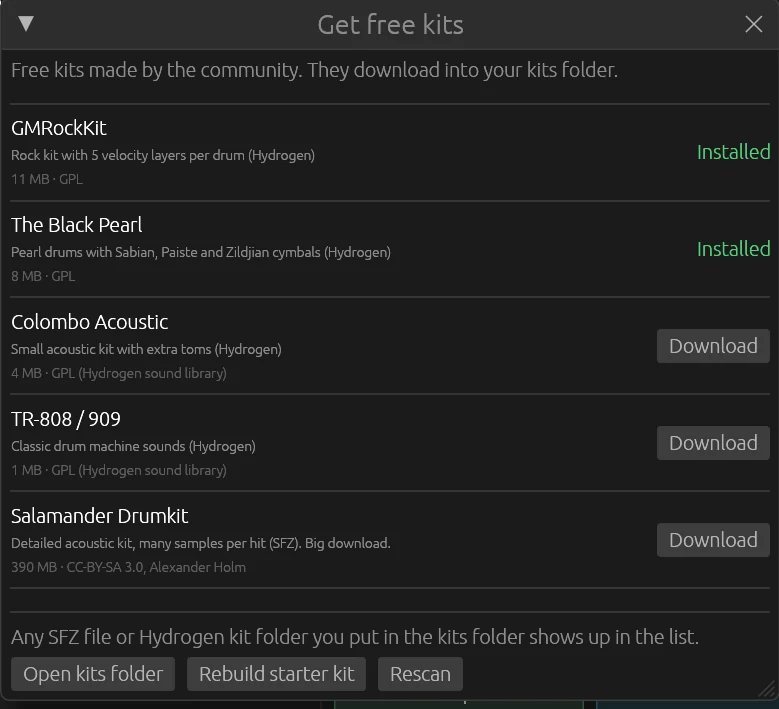 The Get free kits window listing GMRockKit, The Black Pearl, Colombo Acoustic, TR-808/909 and the Salamander Drumkit with Download buttons